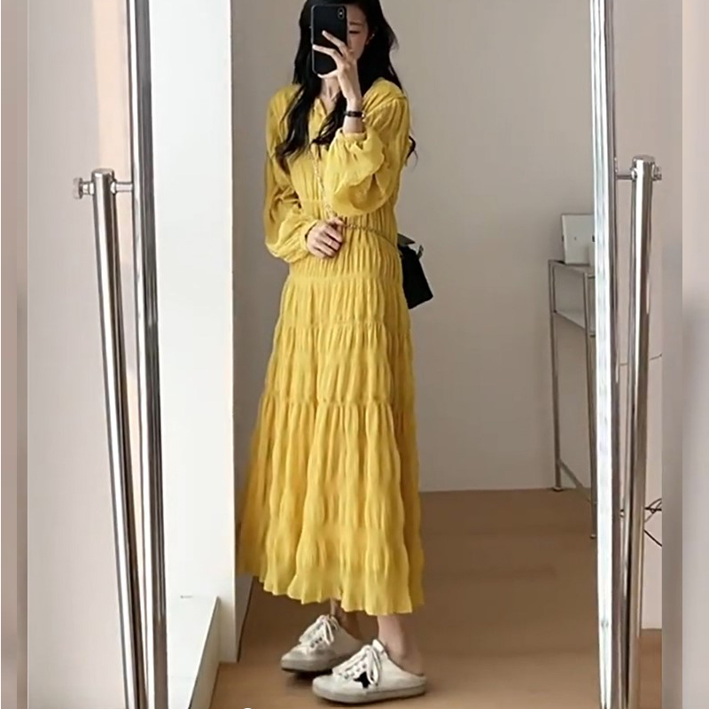 Long spring long dress yellow France style dress for women
