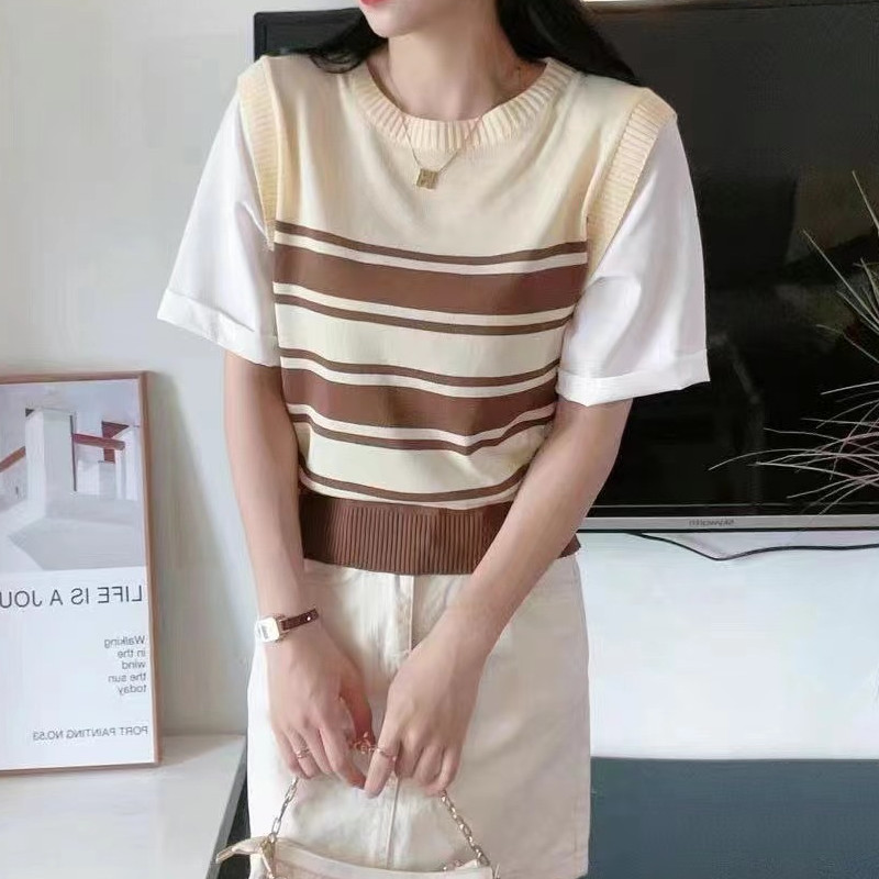 Short sleeve stripe simple Korean style splice tops