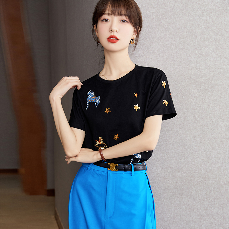 Cartoon embroidery tops Korean style T-shirt for women