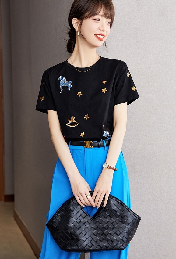 Cartoon embroidery tops Korean style T-shirt for women