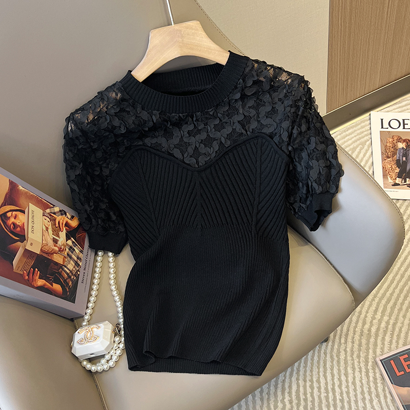 France style short sleeve T-shirt lace tops for women