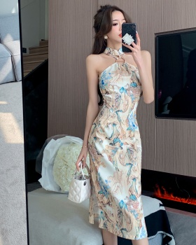 Imitation silk summer cheongsam retro ink dress