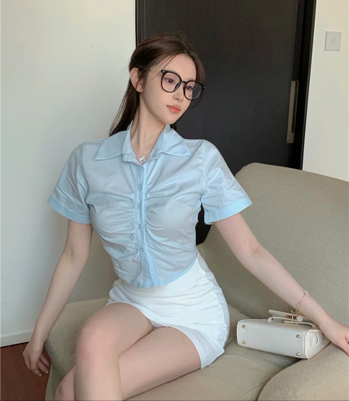 Blue unique tight tops sexy short sleeve shirt for women