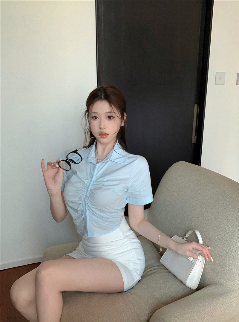 Blue unique tight tops sexy short sleeve shirt for women