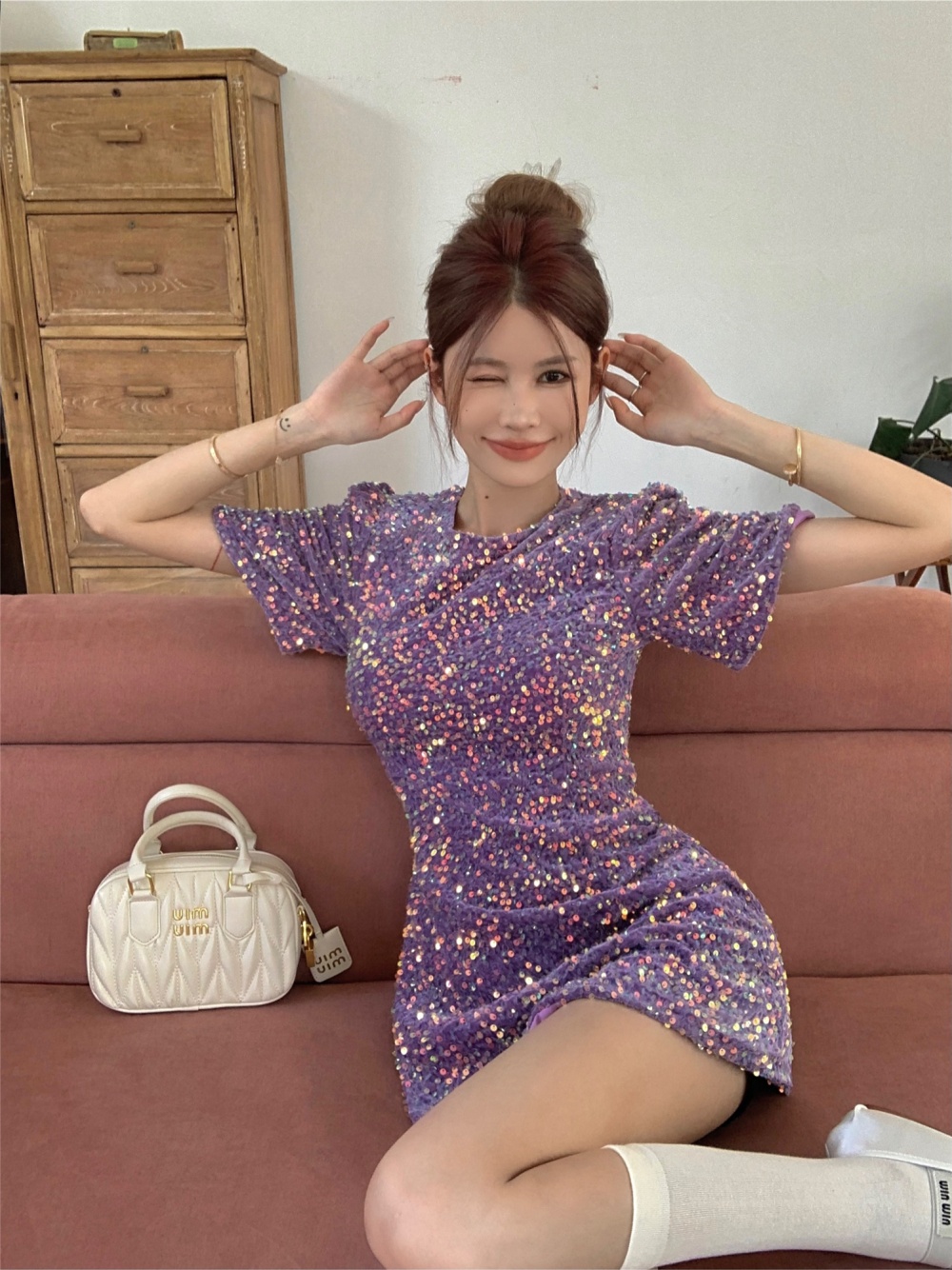 Sequins short sleeve Korean style light glitter dress
