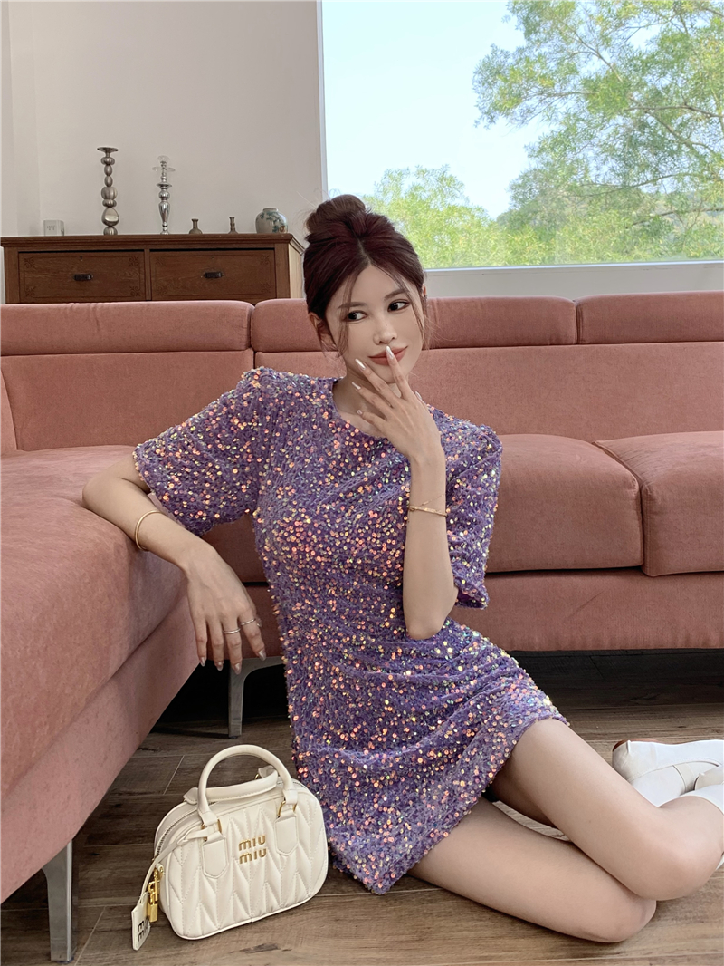 Sequins short sleeve Korean style light glitter dress