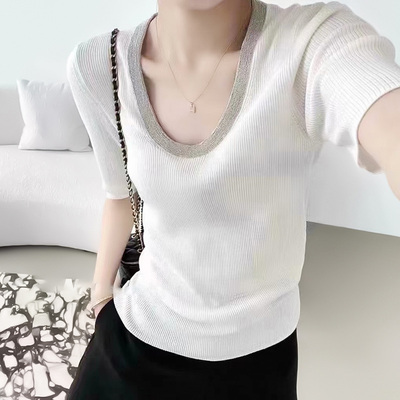Short sleeve soft sweater beads bottoming shirt for women