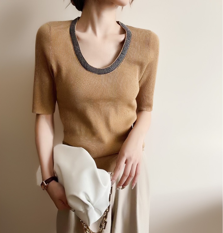 Short sleeve soft sweater beads bottoming shirt for women