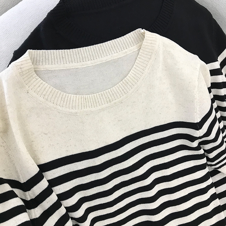 Mixed colors ice silk sweater stripe round neck T-shirt for women