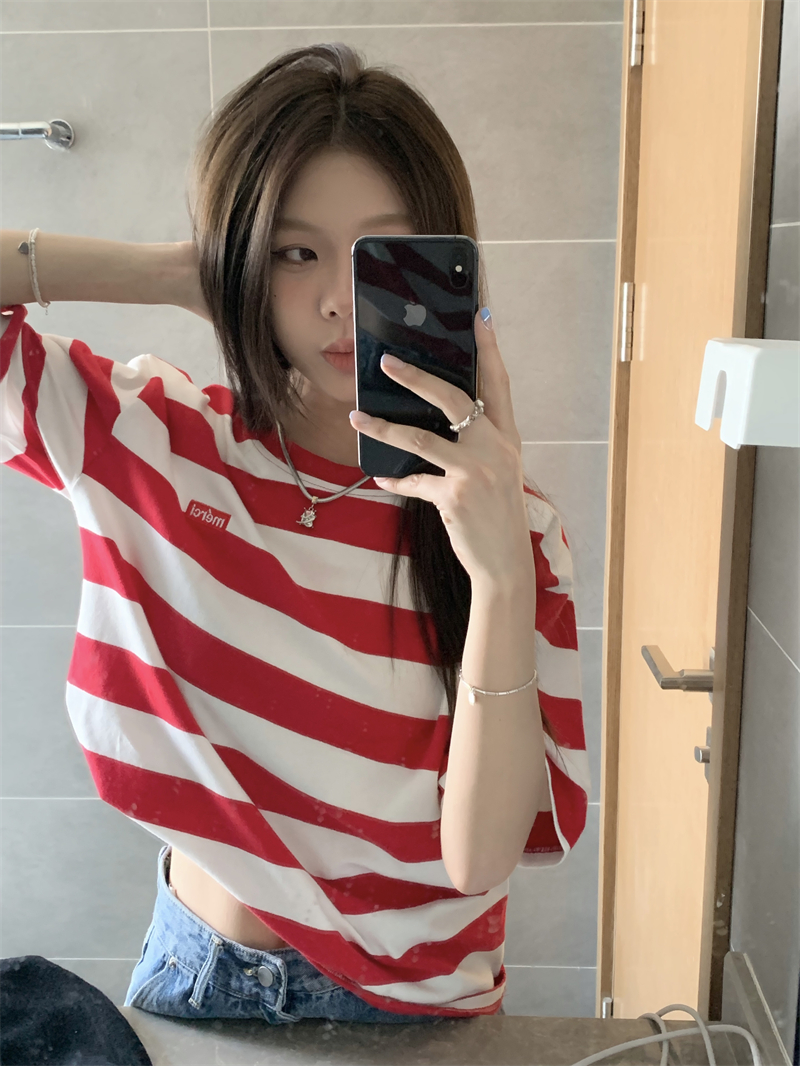 Short sleeve cozy tops stripe round neck T-shirt for women