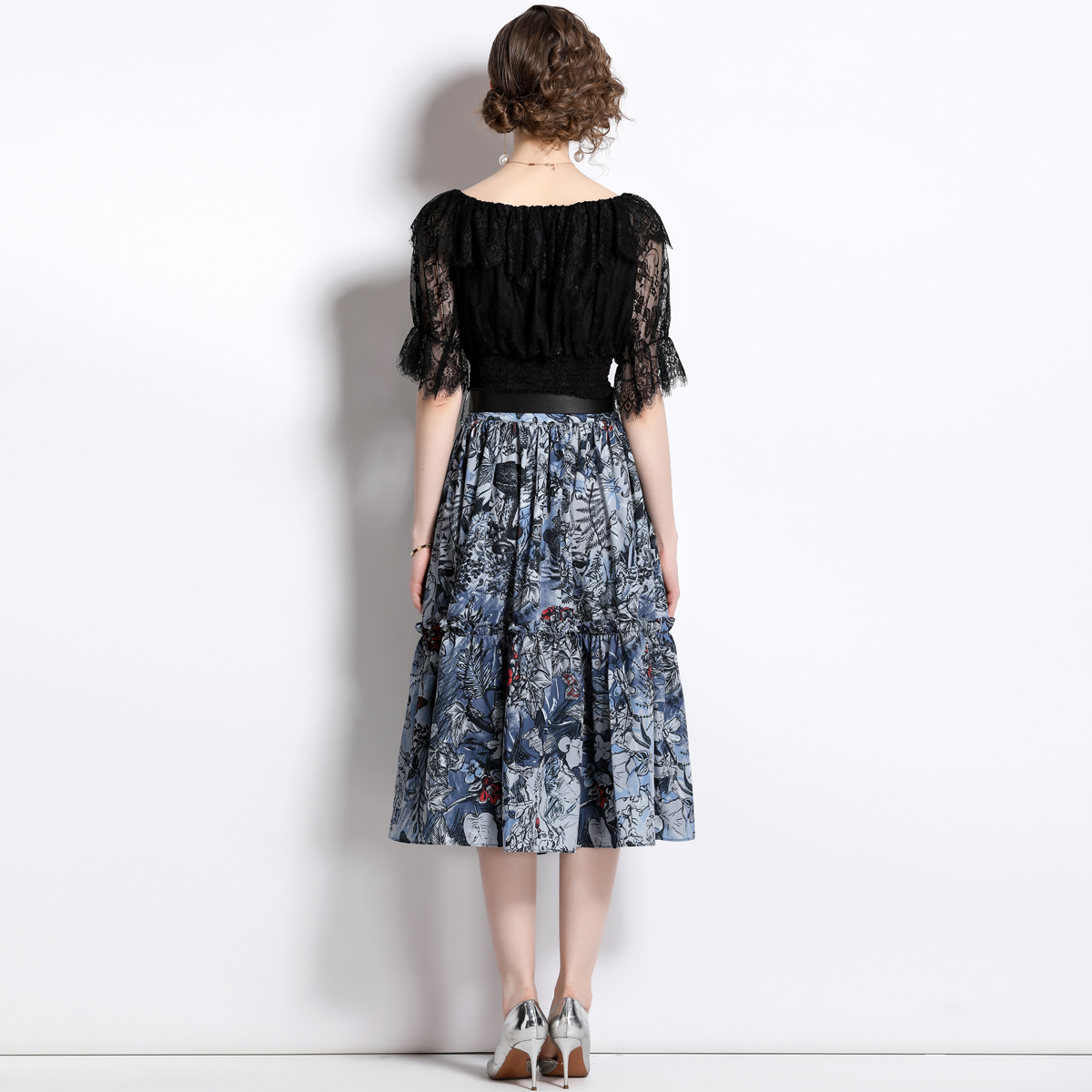 Summer lace horizontal collar printing skirt 2pcs set
