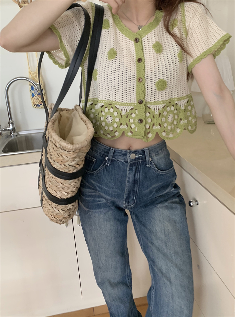 V-neck hollow short sleeve cardigan crochet short knitted shirt