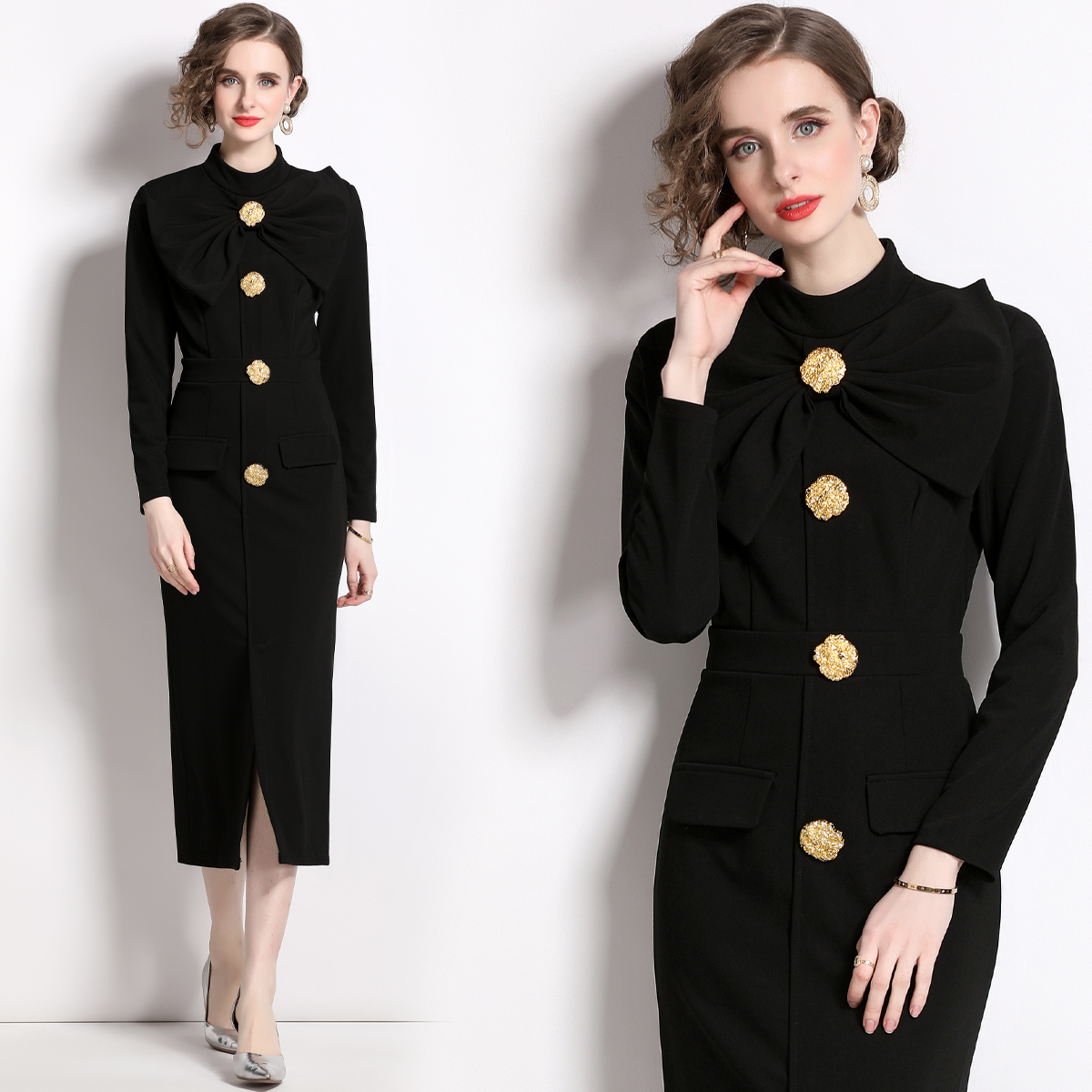 Pinched waist package hip bow long sleeve split dress