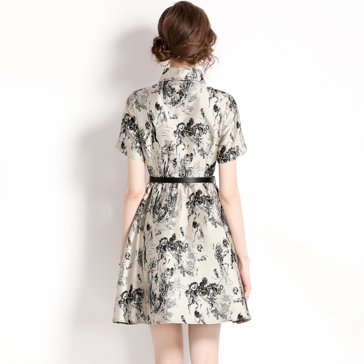 Short sleeve big skirt long jacquard lapel dress