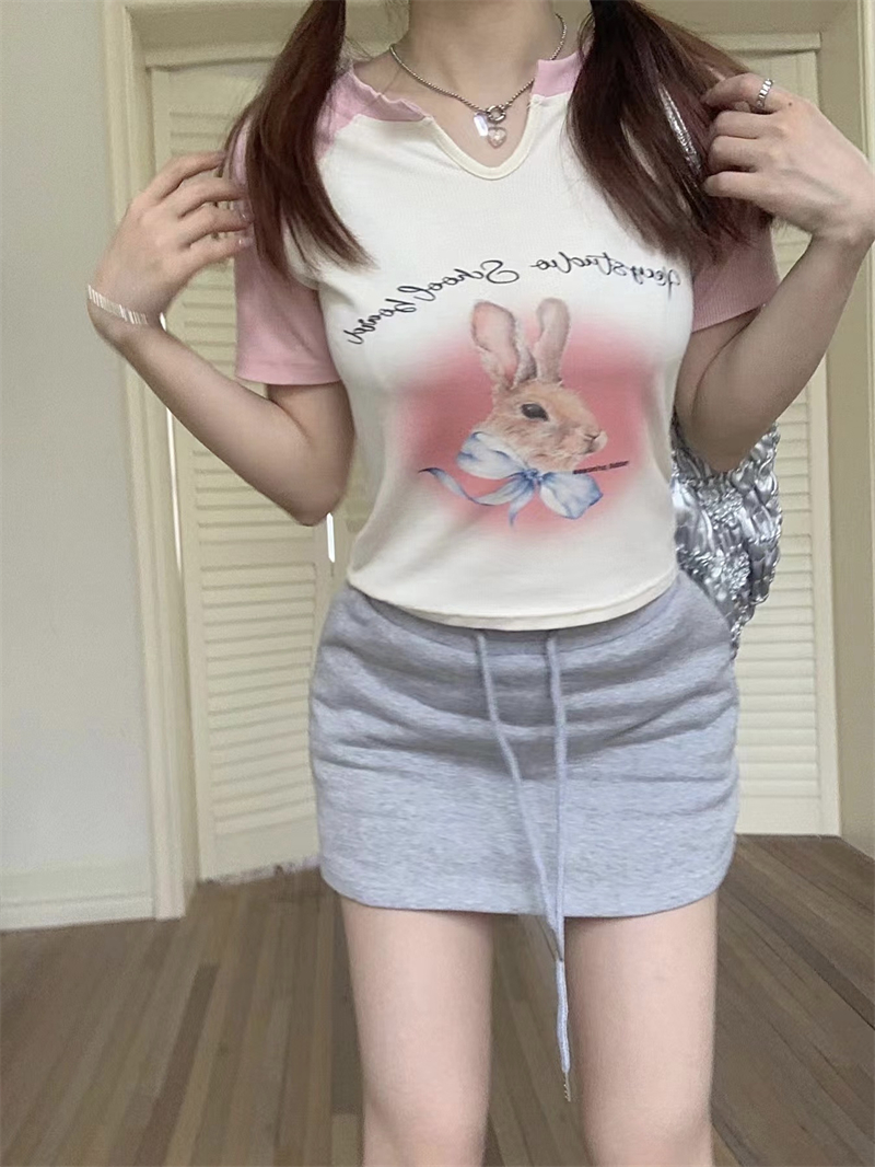 Mixed colors summer printing T-shirt rabbit slim tops