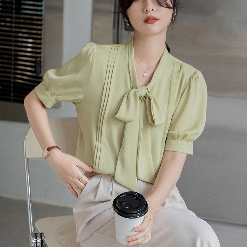 Korean style summer short sleeve shirt satin frenum all-match tops