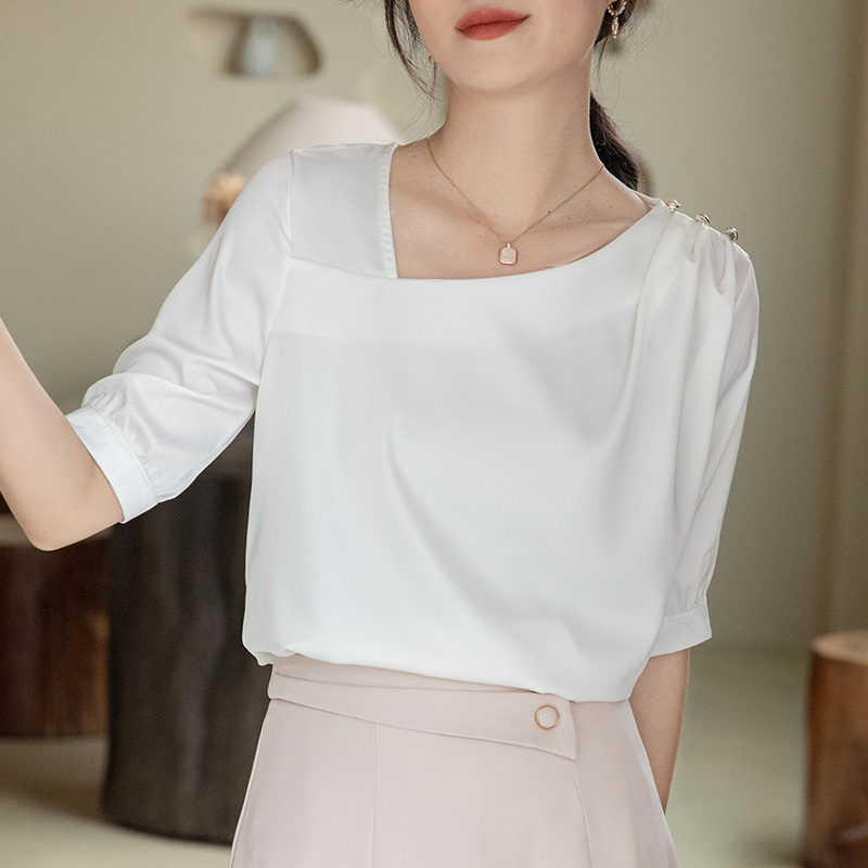 Oblique collar shirt short sleeve tops for women
