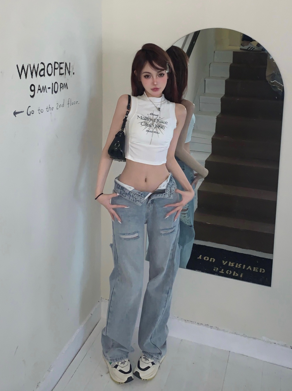 Beggar loose jeans high waist wide leg long pants for women