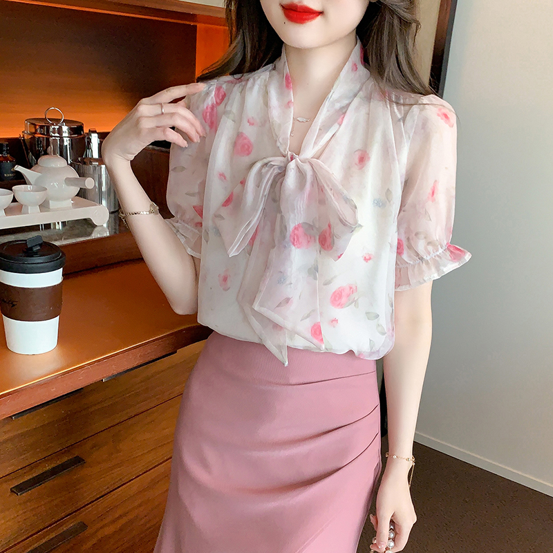 Short sleeve tops Korean style chiffon shirt for women