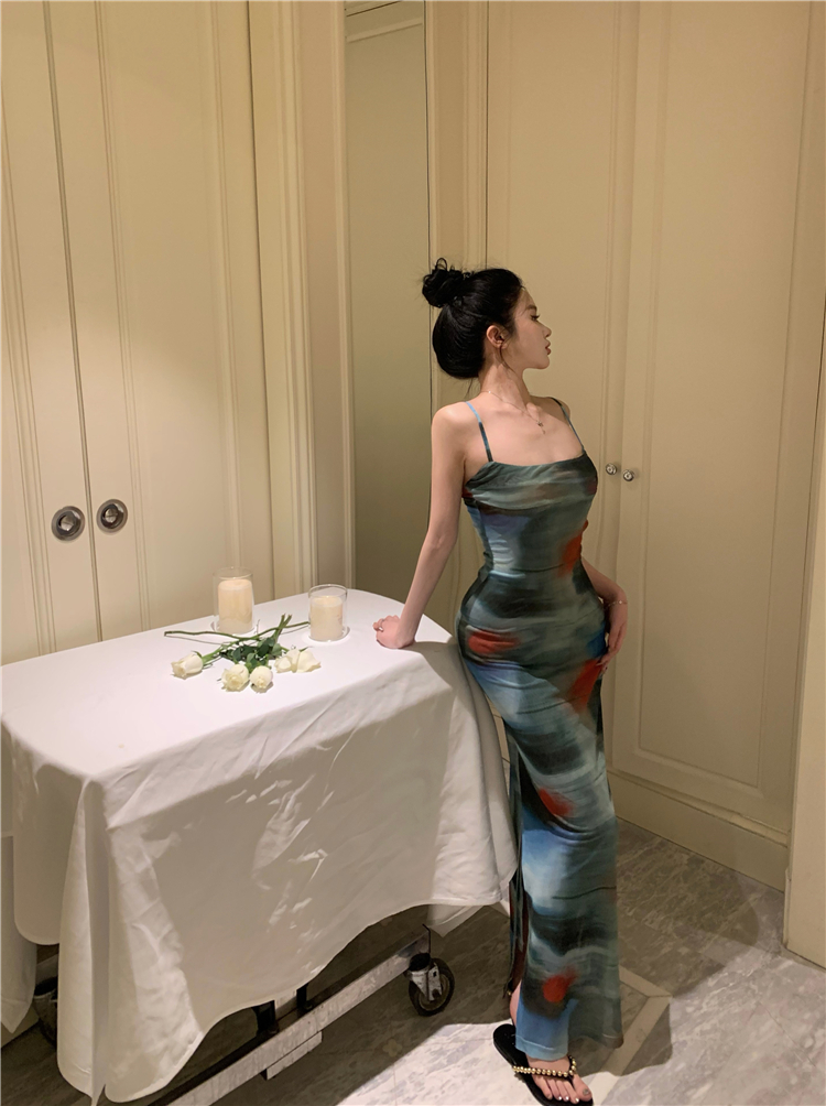 Retro sling slim spicegirl wrapped chest tie dye printing dress