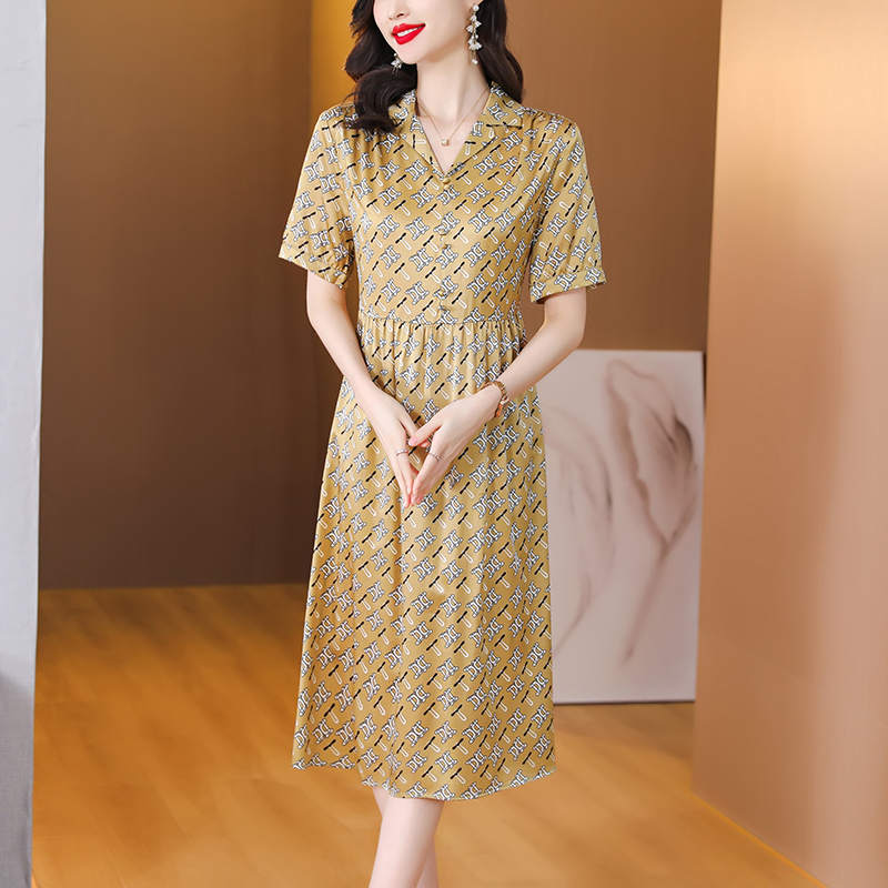 Printing slim real silk summer V-neck high waist dress