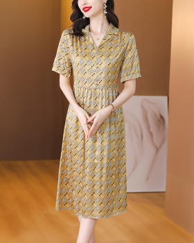 Printing slim real silk summer V-neck high waist dress