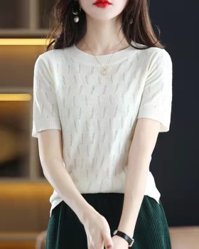 Pure short sleeve tops knitted wool T-shirt for women