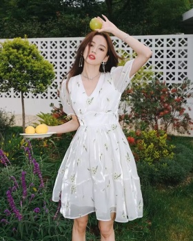 Veil summer floral temperament organza white ladies dress