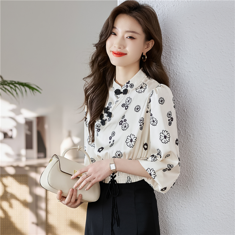 Spring and summer printing short satin tops for women