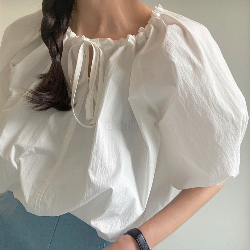Lantern sleeve simple tops all-match pinched waist shirt
