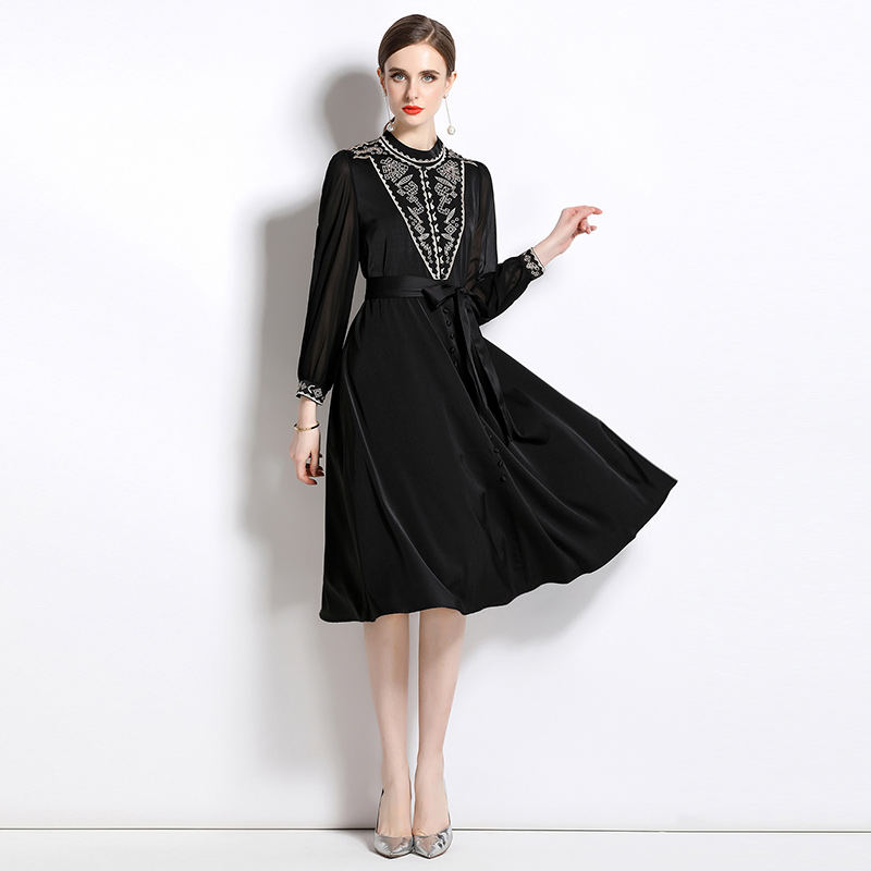 Embroidery pinched waist long dress stand collar dress
