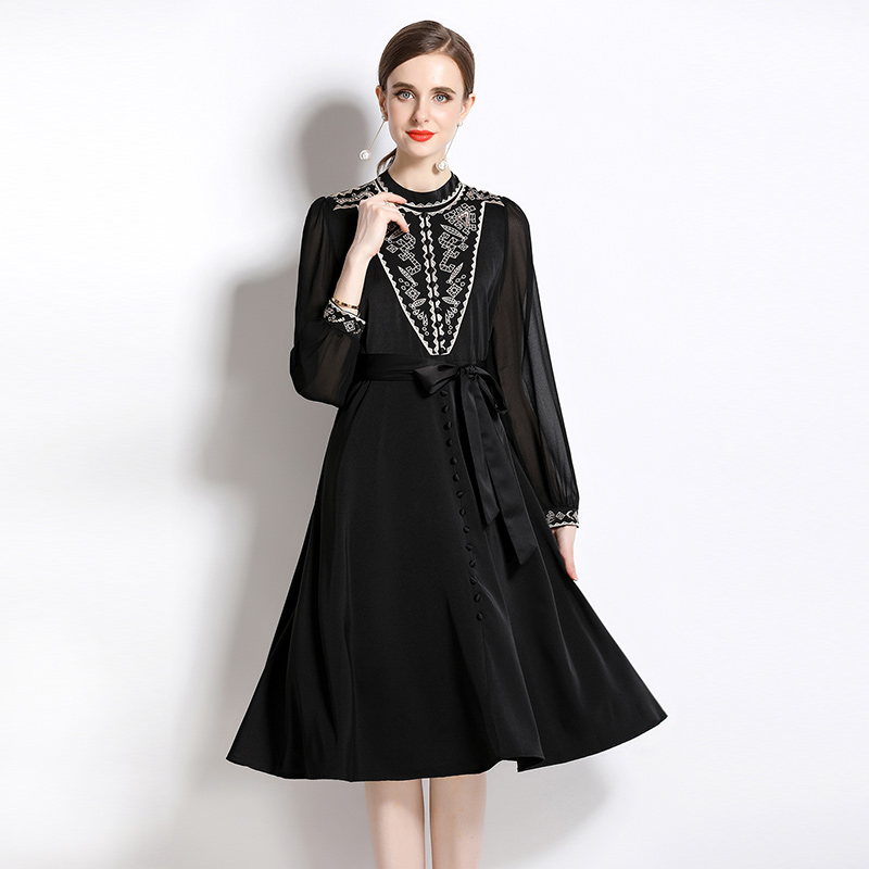 Embroidery pinched waist long dress stand collar dress