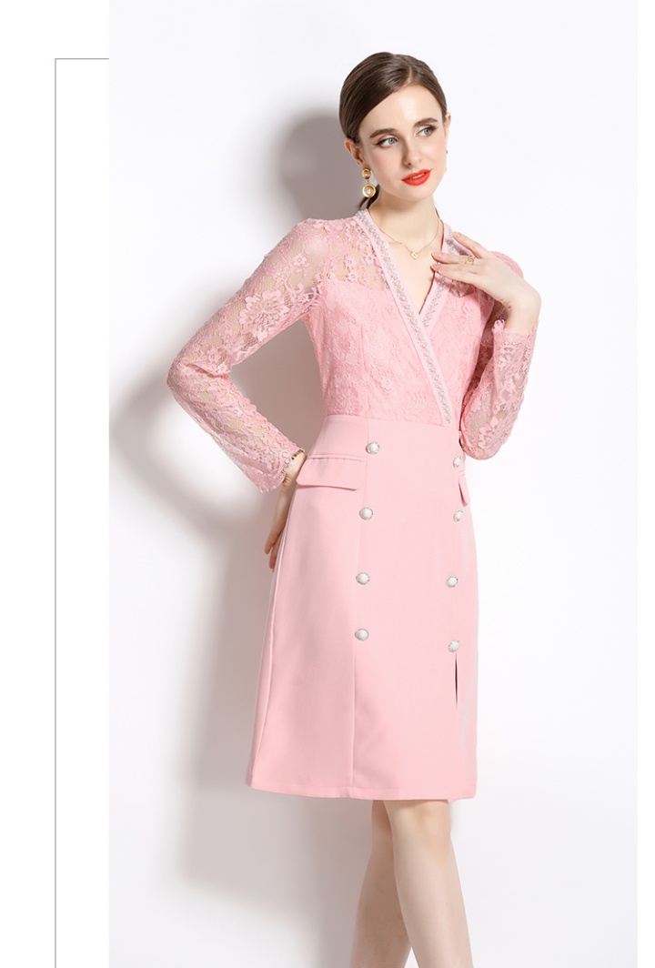 V-neck ladies split temperament spring and autumn pink dress