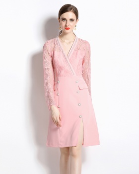 V-neck ladies split temperament spring and autumn pink dress