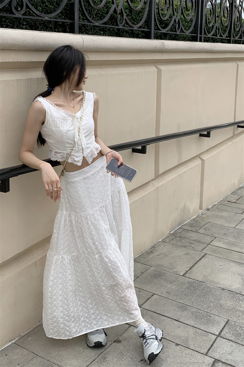 White embroidery short skirt lace sling skirt 2pcs set
