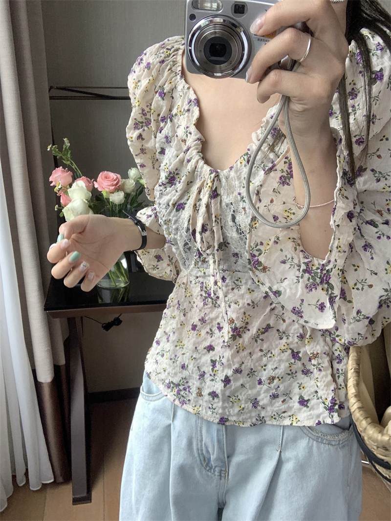 Drawstring retro frenum floral France style V-neck shirt