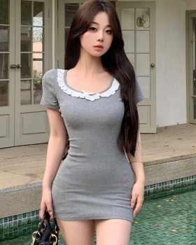 Knitted lace slim T-back low collar package hip dress for women