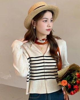 Spring lapel tops stripe knitted sweater for women