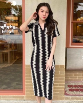 Summer slim retro pinched waist Casual knitted long dress