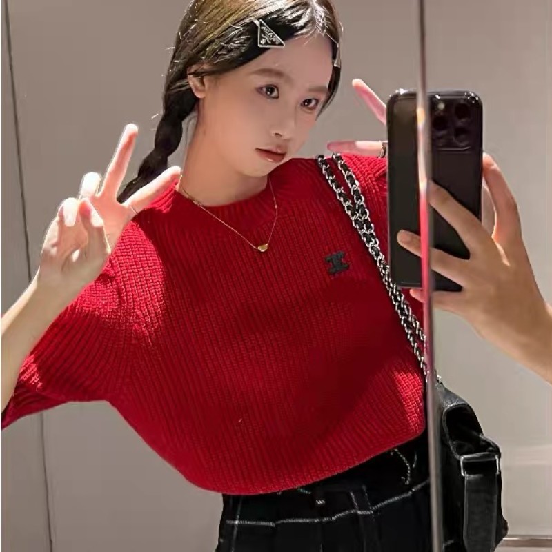 White unique puff sleeve sweater short round neck tops for women