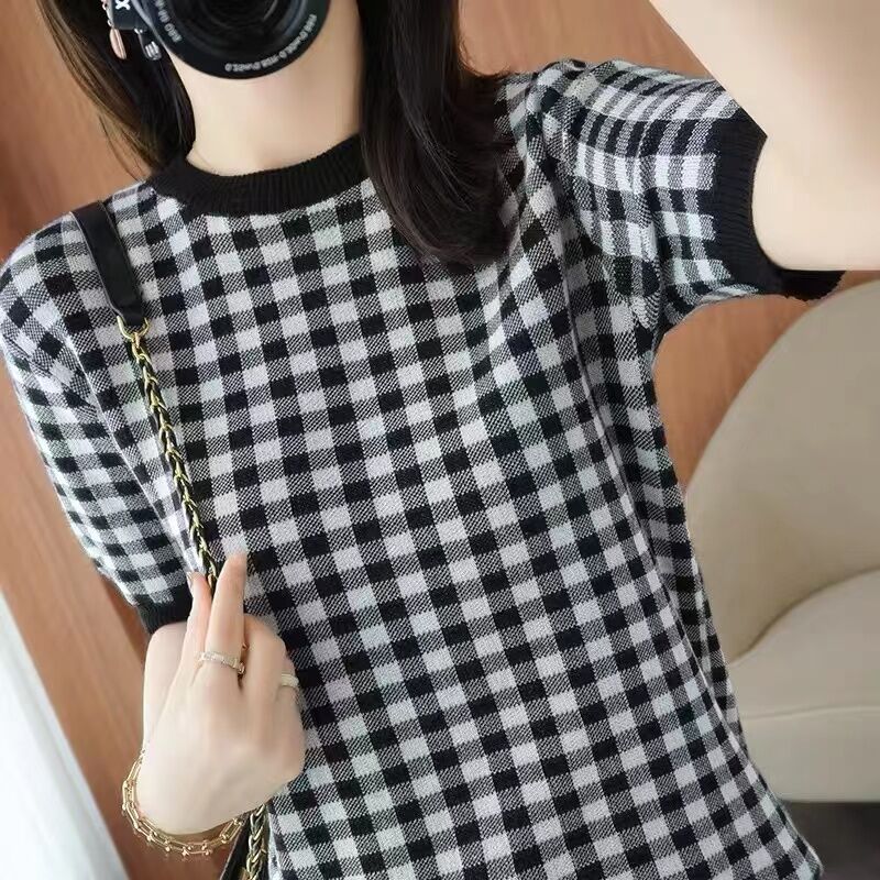Short sleeve knitted T-shirt round neck loose tops