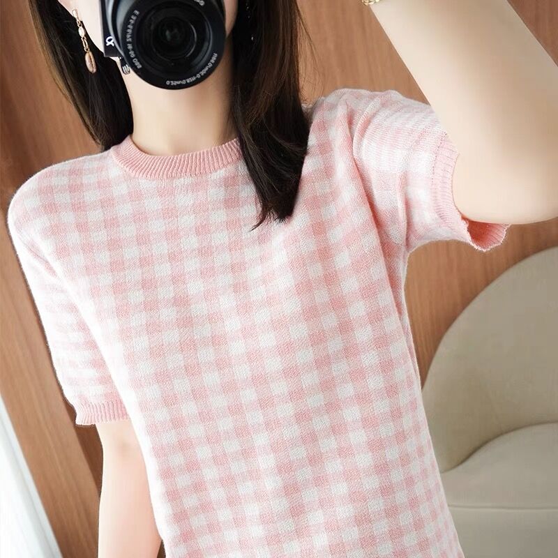 Short sleeve knitted T-shirt round neck loose tops
