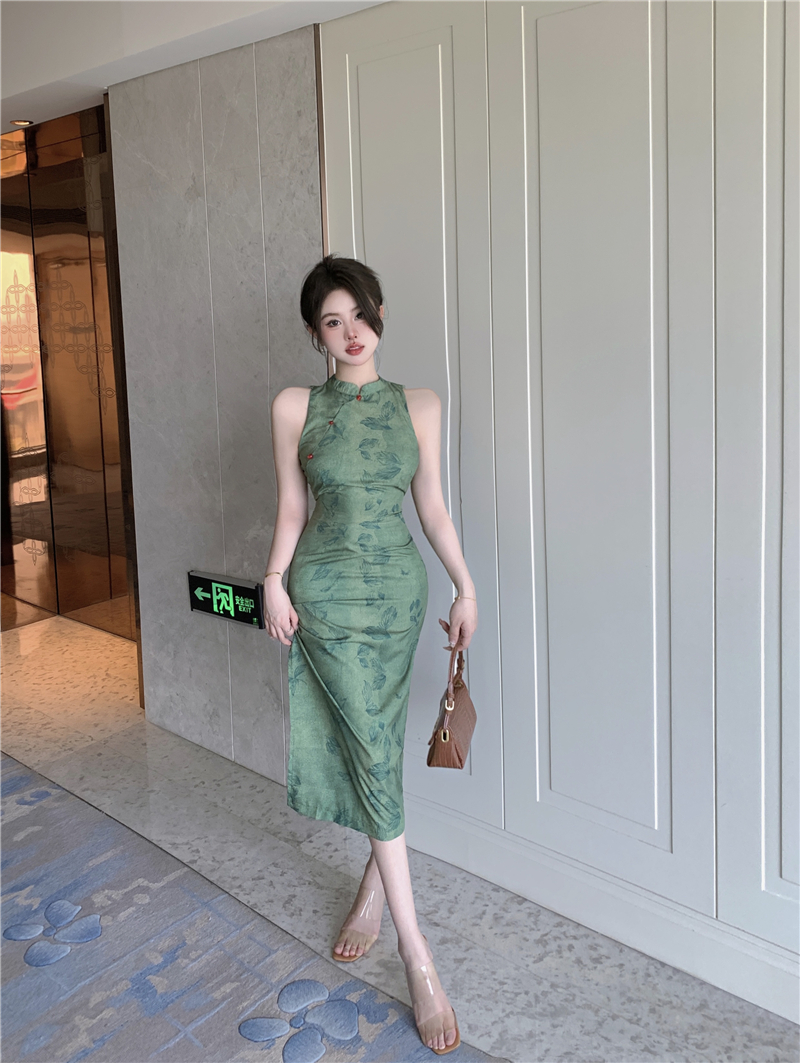 Retro Chinese style halter dress green lace splice long dress