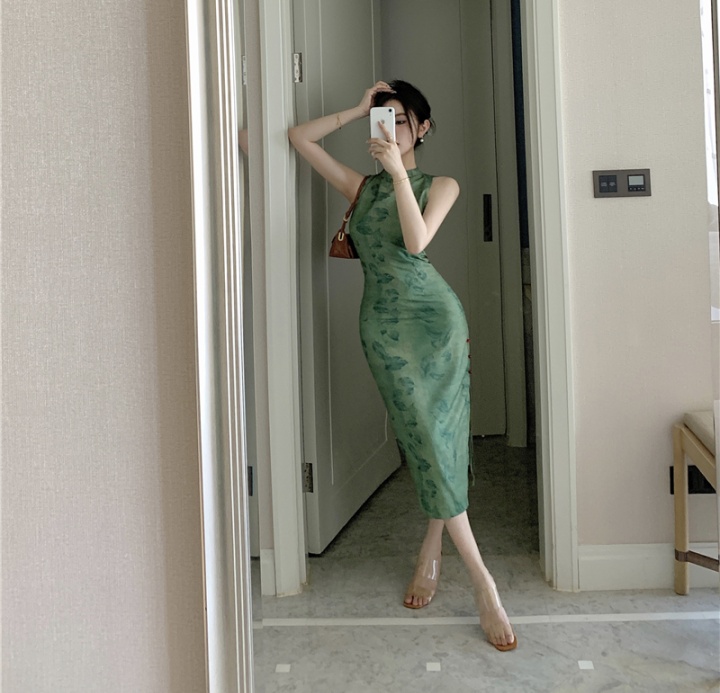 Retro Chinese style halter dress green lace splice long dress