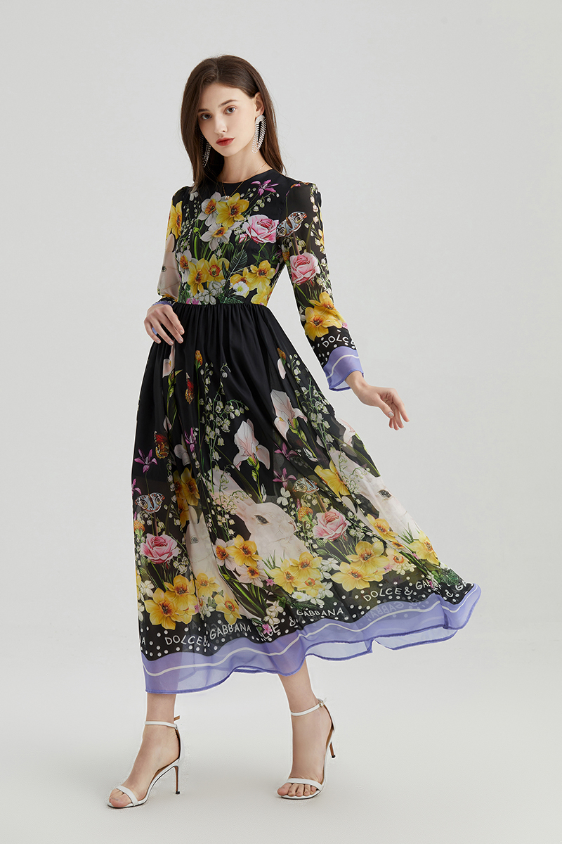 Imitation silk spring and summer printing big skirt dress