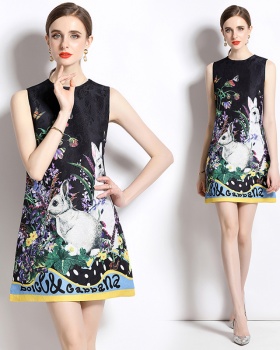 Animal jacquard printing round neck sleeveless dress