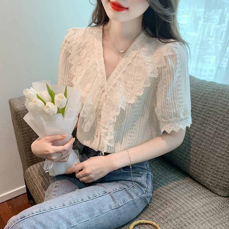 Splice lace shirts all-match Korean style tops for women