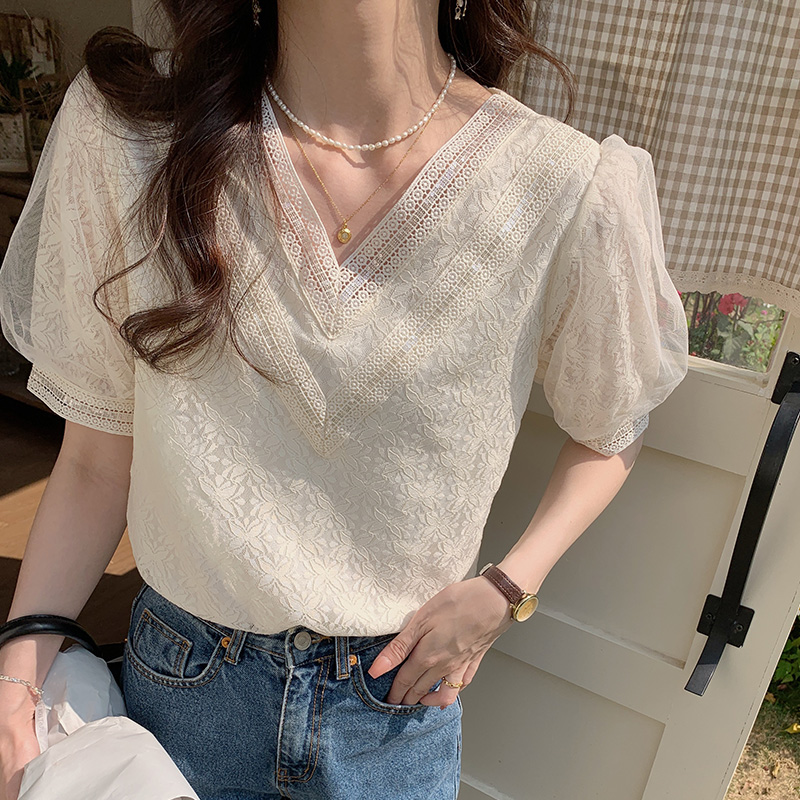Korean style all-match short sleeve shirts lace summer tops