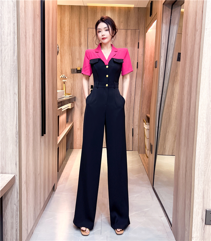Mixed colors single-breasted long pants fashion jumpsuit