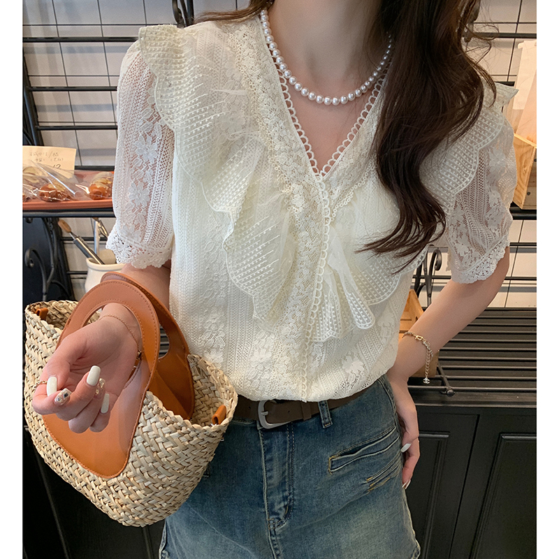 Summer all-match short sleeve tops lace Korean style shirts